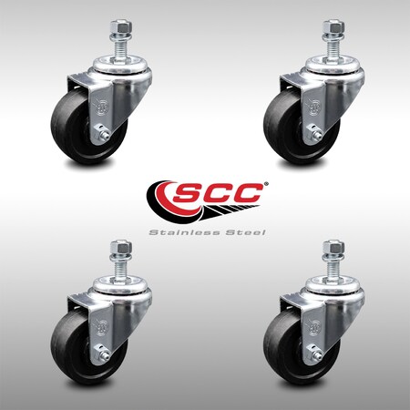 Service Caster 3 Inch SS Soft Rubber Wheel Swivel 12mm Threaded Stem Caster Set SCC SCC-SSTS20S314-SRS-M1215-4